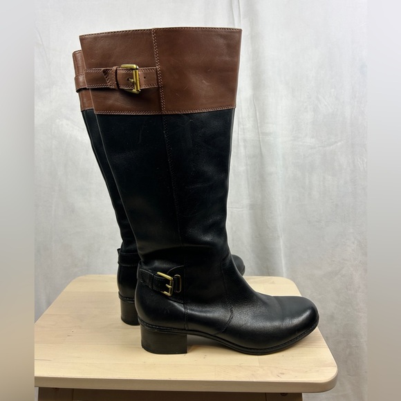 BANDOLINO BDCastin Leather Riding Boots Women's 9 Black Brown Knee High Zip Gold - Picture 4 of 9